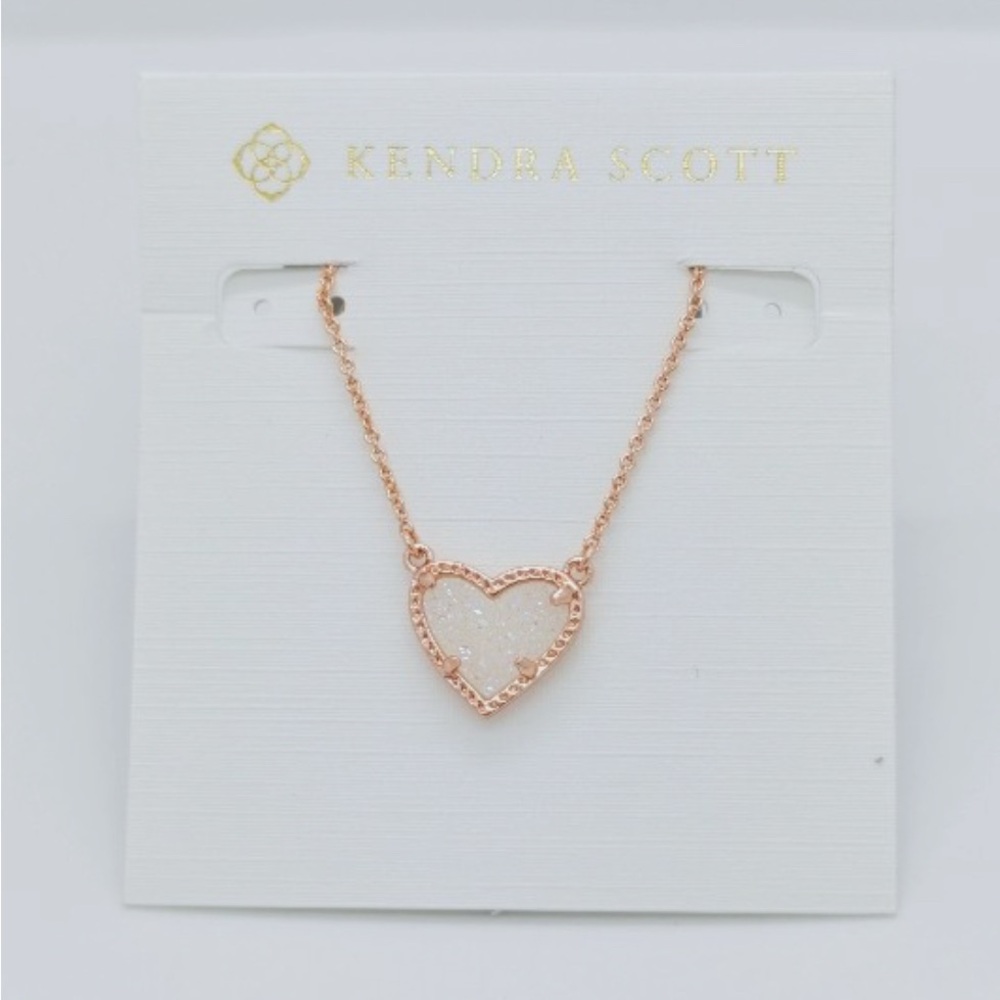 Kendra Scott Rose Gold Ari Heart Necklace in Iridescent Drusy